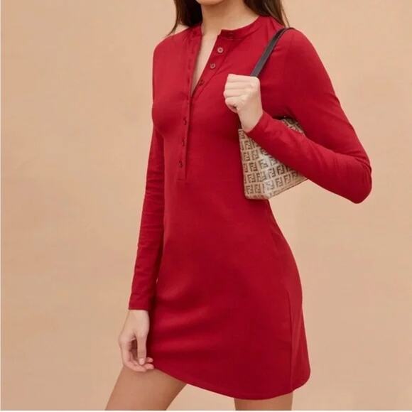 Reformation Tam Knit Dress Sangre Red Henley Mini Cotton Blend SZ M - Picture 1 of 7